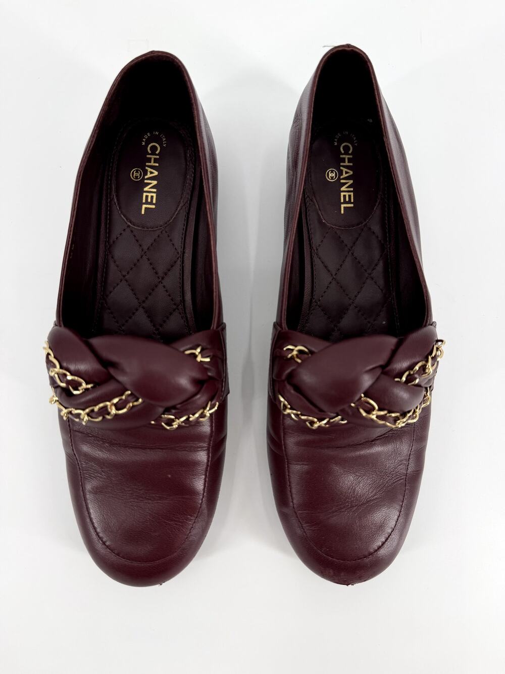 Chanel Bordeaux Burgundy Braided Lambskin CC Chain Loafers Size 39.5 EU 9